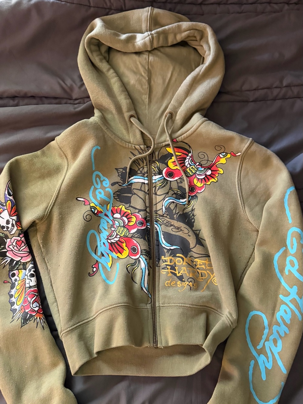 Ed Hardy Olive Green Floral Koi Zip Hoodie Jacket